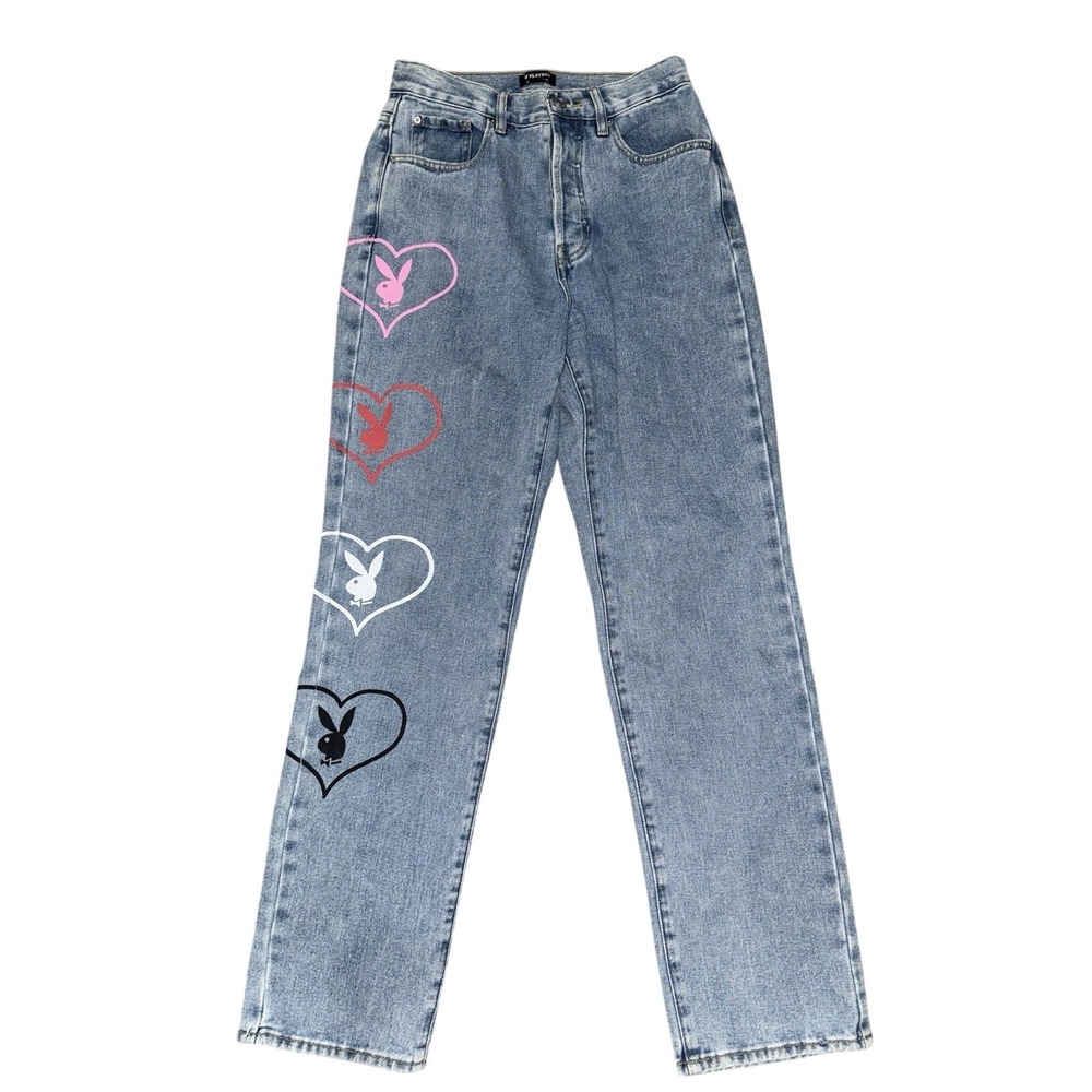 Playboy by PacSun Heart Bunny Light Wash Denim Jeans Womens Size 26 - Picture 2 of 16
